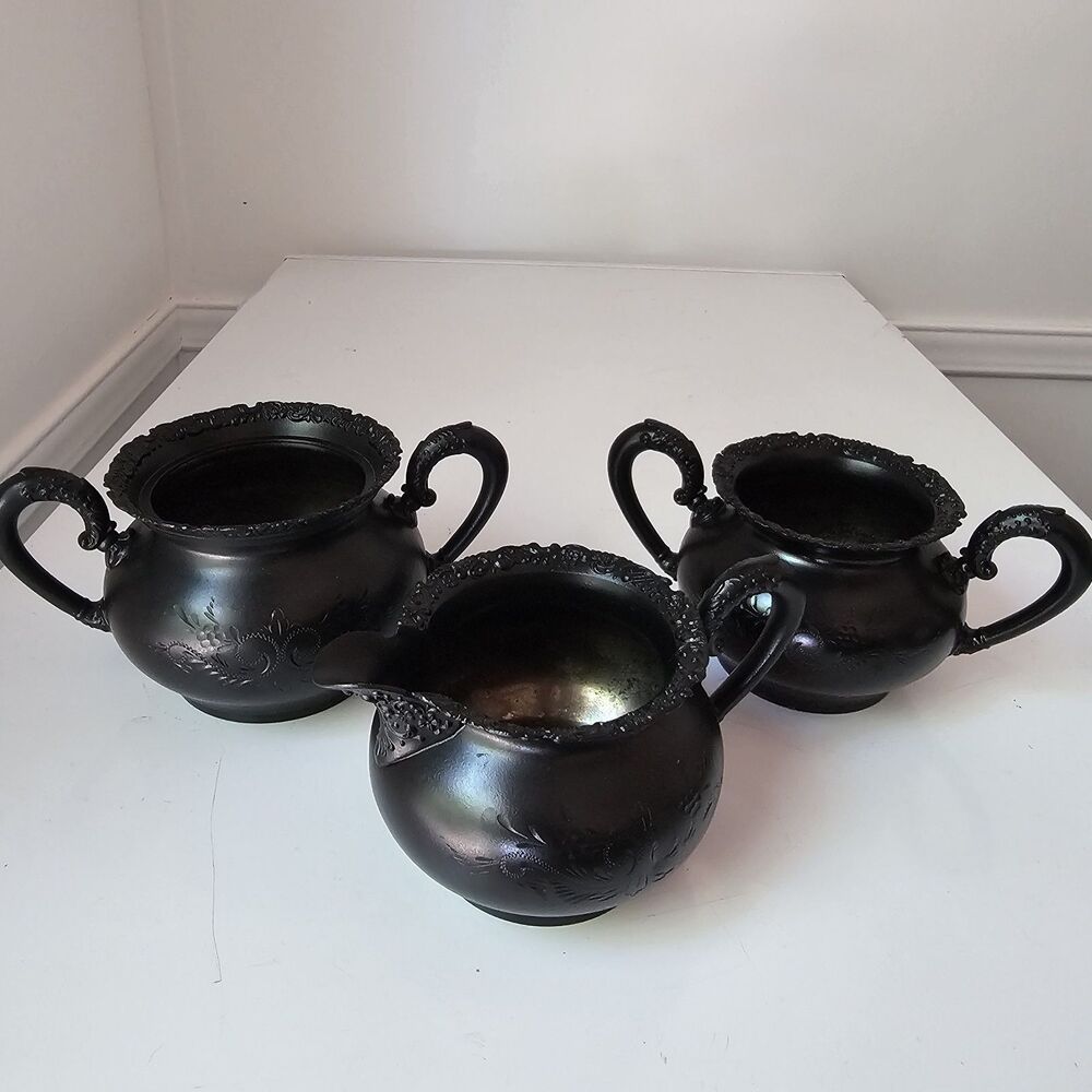 Antique 3pc Silver Plate Tea Set Van Bergh Patented 1898 Creamer + 2 Sugar Bowls